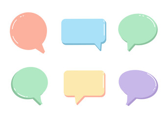 Six Pastel-Colored Speech Bubbles: Round Oval and Rectangular Shapes.