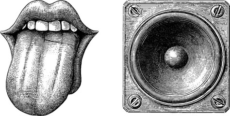 Vintage sketch of glitch tongue and bass speaker for retro music design