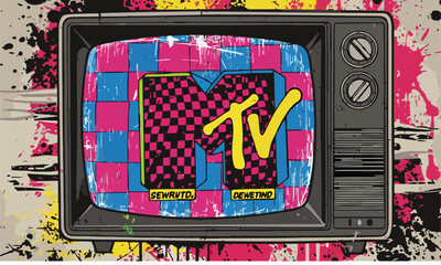 "MTV logo style TV and checkerboard pattern, grunge pop vector"generative ai
