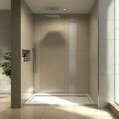 modern walk in shower featuring sleek tiles and minimalist design, perfect for contemporary bathroom. space is well lit, creating clean and refreshing