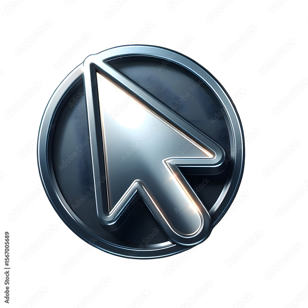 Poster metallic chrome cursor arrow icon in circle on transparent background