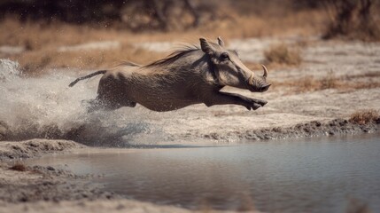 Warthog in mid air running across a body of water wildlife photography