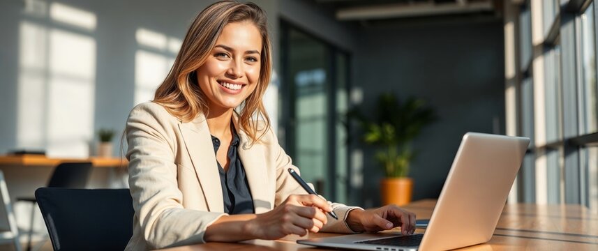 Businesswoman smiling and working on laptop in modern office
