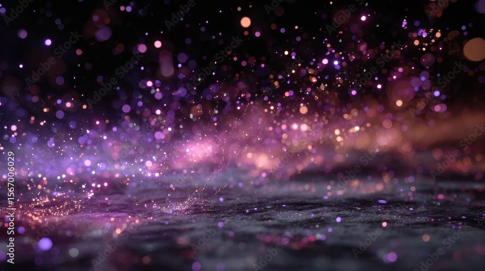 Poster abstract pink and blue bokeh lights reflecting on a dark wet floor creating an ethereal dreamy atmos