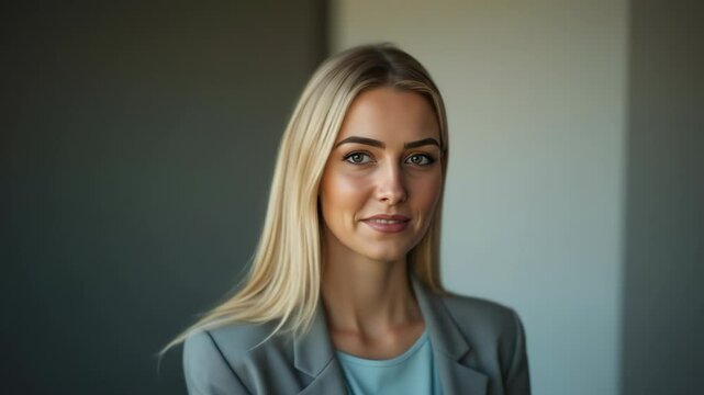 Confident young blonde businesswoman in grey suit smiles at camera then turns and walks away