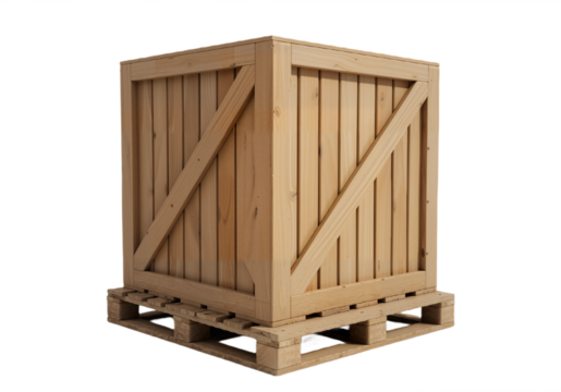 Sturdy Wooden Shipping Crate with Slatted Sides and Pallet Base Against White Background, Symbolizing Logistics and Industrial Strength 