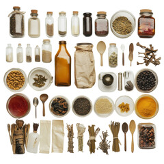 A Colorful Array of Spices and Ingredients in Glass Jars and Bowls on a Neutral Background on transparent background