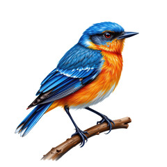 Fototapeta premium Vibrant Blue Bird with Bright Orange Chest Perched on Branch Isolated Against a Clean Background