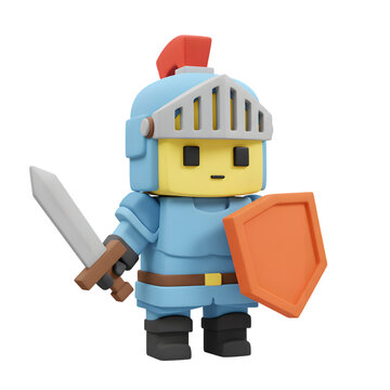 Fototapeta Stylized 3D Pixel Knight Character with Sword and Shield Isolated on PNG background.