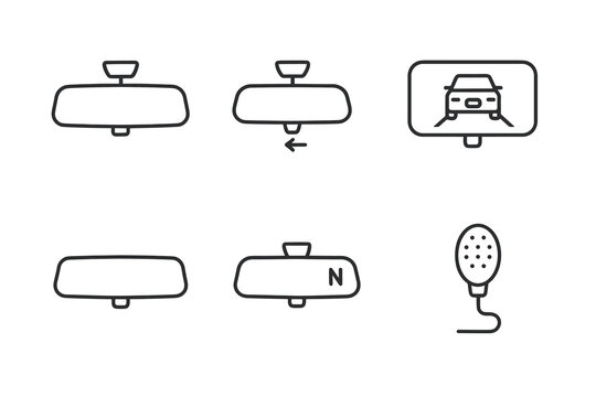 Rearview mirror icons: reversing, compass, night mode, parking camera display, microphone vector icon isolated illustration
