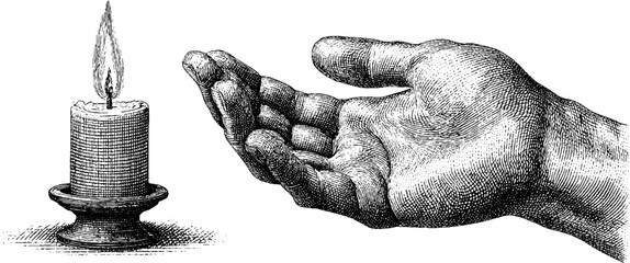 Vintage hand-drawn candle and open palm sketch for retro design concepts