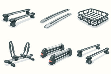 Roof rack accessories collection - holders, bars, basket for cars vector icon isolated illustration