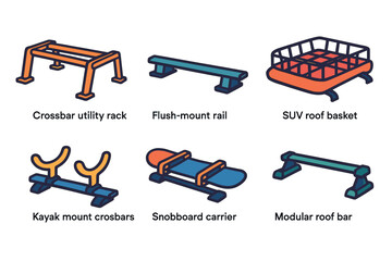 Illustrated car roof accessories collection - rack, rail, basket, carrier vector icon isolated illustration