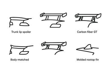 Car spoilers diagrams: trunk lip, carbon fiber gt, body-matched, molded rooftop fin vector icon isolated illustration