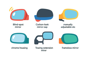 Various car side mirrors illustrated: blind-spot, towing, frameless, chrome, carbon cap vector icon isolated illustration