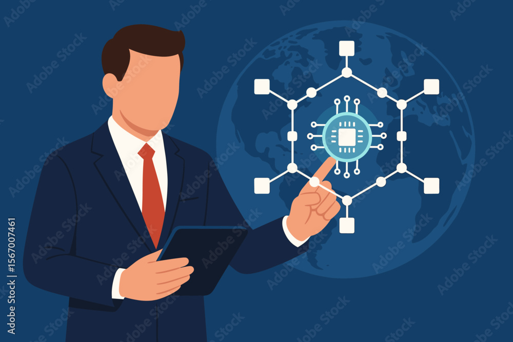 Poster businessman touches virtual screen with microcircuit icon on global network. blockchain technology, 