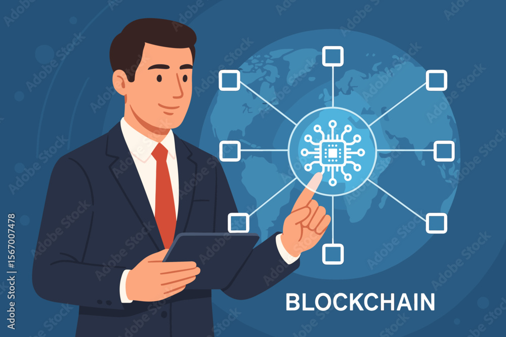 Poster fintech innovation concept. businessman touching a blockchain network connection with a microcircuit