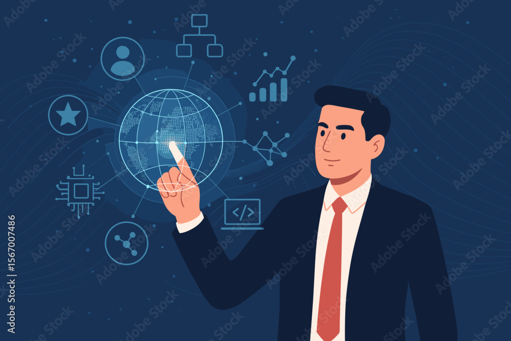 Poster businessman managing global business via virtual interface. digital technology and internet network 