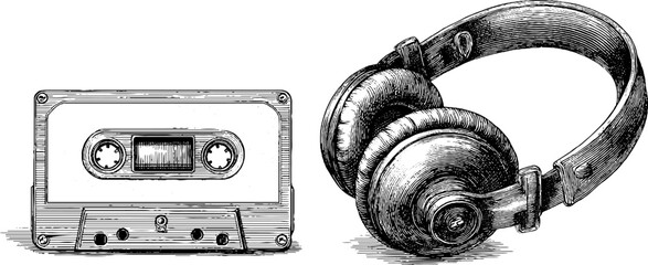 Vintage cassette player and headphones sketch for retro music design