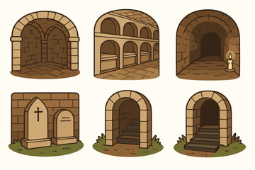 Fototapeta premium Illustrated catacombs and tombs with archways and candlelit tunnel vector icon isolated illustration