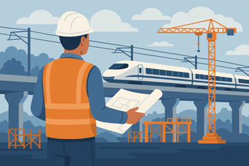 Engineer manager at a construction site checking blueprints for a high-speed train railway. Public transport infrastructure project with crane and viaduct. Vector illustration.