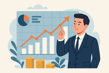 Businessman analyzing finance and sales data with an economic growth chart. Concept of successful investment in valuable assets, banking, stock market growth, and profit strategy.