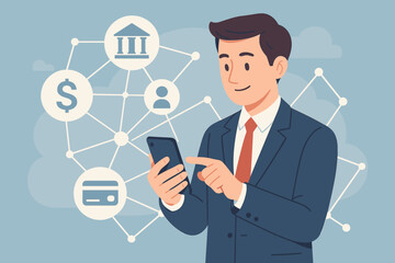Fintech and mobile banking concept. Businessman using smartphone app for online payment, money transfer, and financial management. Digital technology network with business icons.