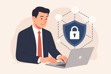 Businessman using laptop for network security. Concept of data protection, internet privacy, and cybersecurity. Shield and padlock guard against cyber attacks. Corporate safety. VPN.