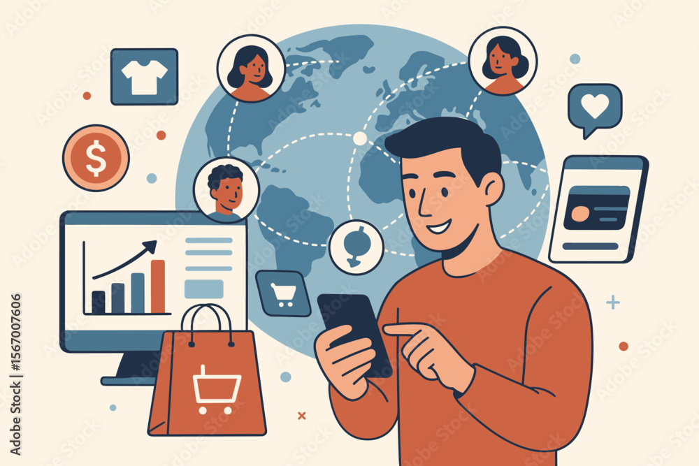 Poster man using smartphone for online shopping and global e-commerce. digital marketing concept with custo