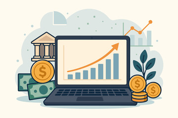 Finance and banking concept. Laptop with stock market data and economic growth graph. Business sales analytics, investment success, and profit increase vector illustration. Online report.