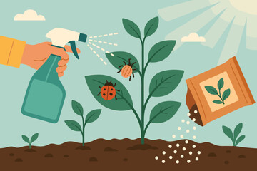 Plant care concept with hand spraying insecticide on leaves to eliminate pests and bugs. Person fertilizing soil with nutrients for plant growth. Gardening vector illustration.