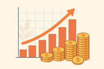 Financial growth concept with rising bar graph and stacks of gold coins. Business investment success, profit increase, and income boost. Economic market data analysis vector.