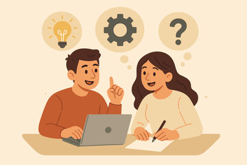 Teamwork and collaboration concept. Man and woman brainstorming ideas for problem solving. Business colleagues working together on a solution. Vector illustration of creative process.