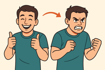 Mood swing concept. Man changes from happy to angry. Bipolar disorder metaphor. Emotional instability. Mental health psychology illustration. Personality change. Before after concept.