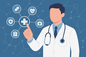 Medicine and healthcare technology concept. Doctor with stethoscope using a virtual interface with medical icons. Digital health, telemedicine, and global medical network connection.