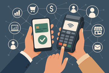 Mobile payment transaction with smartphone and POS terminal. Contactless purchase using NFC technology. E-commerce, online shopping, and business networking icons. Fintech concept.