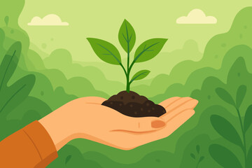 Hand holding a green plant sapling in soil. Environmental protection and nature conservation concept. Earth Day banner. Growth, new life, gardening, and ecology care vector illustration.