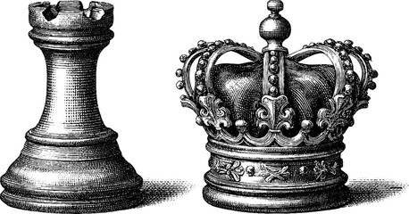 Vintage chess queen piece and regal crown in hand drawn dotwork style - ideal for artistic design
