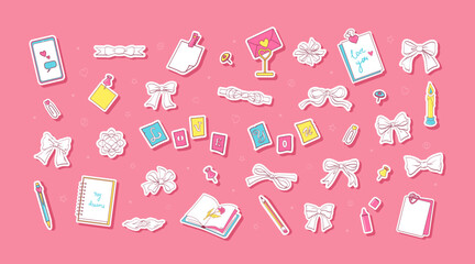 Romance stationery, bows. Kawaii stickers for diary, social media, surfaces. Elements for coloring