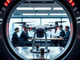 Obraz premium Frost-covered drone in thermal chamber, technicians monitoring ice formation on sensors, red emergency lights reflecting on glass, UAV testing in snow conditions.