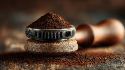A close up of coffee grounds piled in a metal and wooden holder with a wooden tamper in the background