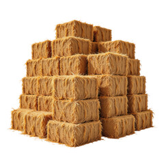 Fototapeta premium Stack of Fresh Hay Bales on White Background for Agricultural and Farm Concepts in Rural Settings