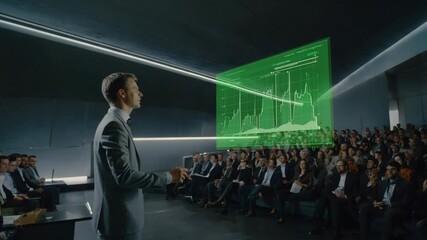 A young Caucasian man in a suit presents data on a green screen to a diverse audience in a modern conference room. The audience appears engaged and attentive. - Powered by Adobe