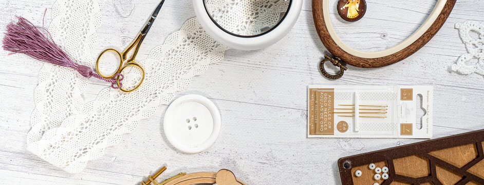 Accessories for hobby. Hoop snaps, scissors, threads, needles and scissors. Vintage tools for embroidery and knitting - Powered by Adobe