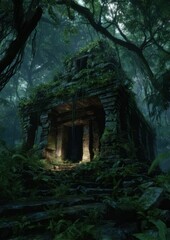 Hidden Temple in Deep Jungle: Mysterious stone temple overgrown with lush green vegetation, evoking a sense of ancient civilization and the power of nature.