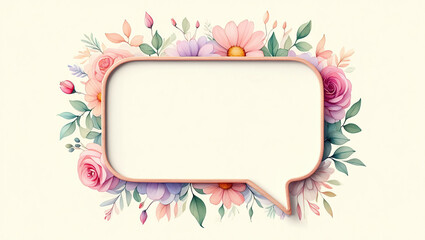 Speech bubble outlined with delicate floral patterns and soft watercolor textures, perfect for elegant invitations, lifestyle branding, and artistic designs.