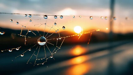Spider web water droplet sunrise nature closeup reflection delicate morning outdoors peaceful, dew covered spider web glistening morning sunlight, water droplets reflecting sunrise, tranquil - Powered by Adobe