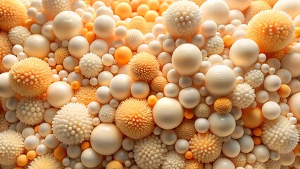 A textured background of white and orange spheres and balls