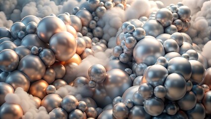 A cluster of silver spheres creates an abstract metallic background