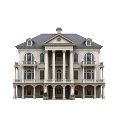 Fototapeta premium Grand Neoclassical Style Mansion with Pillars and Intricate Architectural Details Surrounded by Lush Landscaping